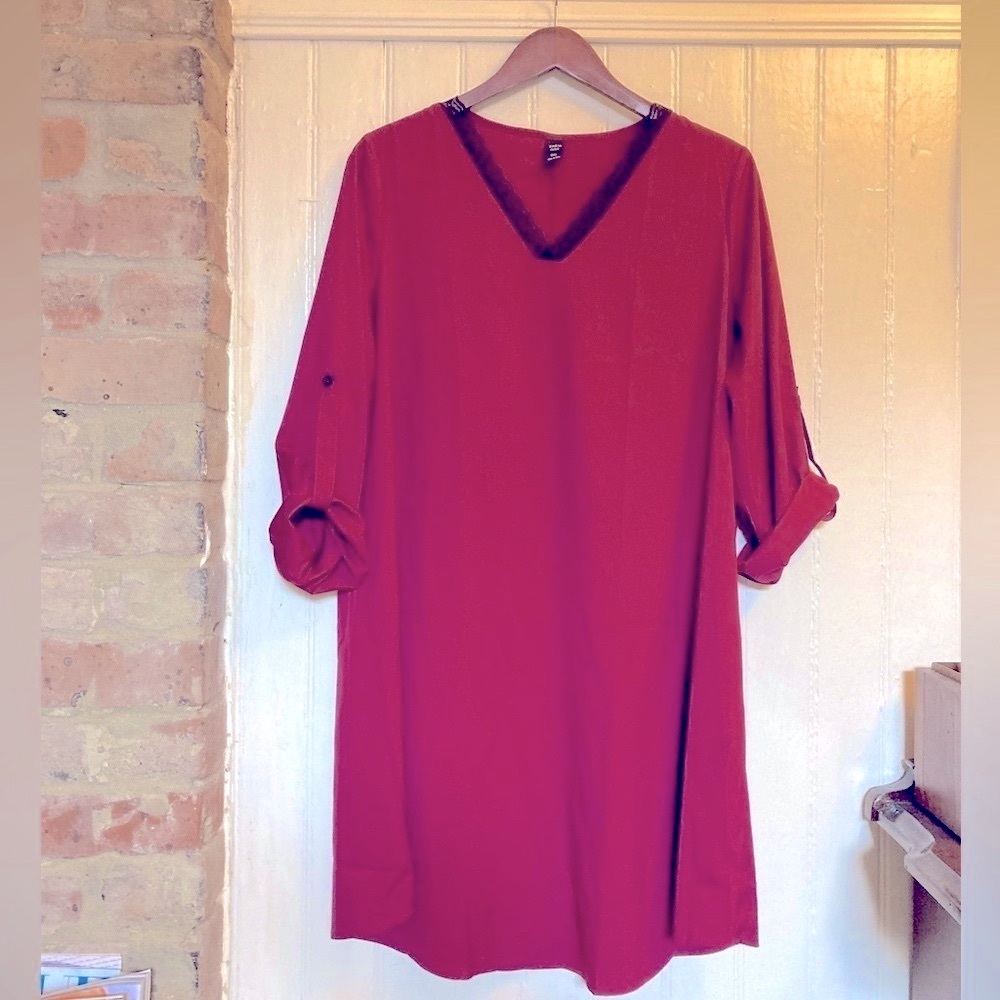 *3 for $20* Mini Shirtdress, Camp Sleeves, Burgundy + Black Lace, SHEIN 0XL.